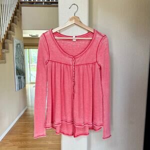 We The Free Y2K Red Thermal Waffle Snap Front "Kai" Babydoll Raw Hem Top XS